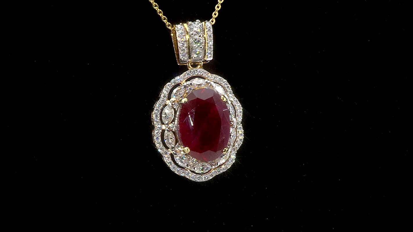 D'Joy Niassa Ruby (FF) and Moissanite 10.80 ctw Crimson Majesty Pendant Necklace in 18K Vermeil Yellow Gold Over Sterling Silver 20 Inches