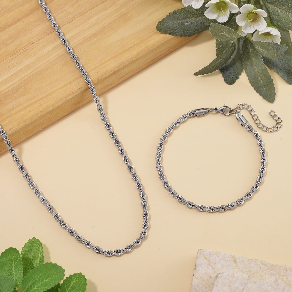Rope Chain Bracelet (8-10In) and Necklace (24 Inches) in Stainless Steel image number 1