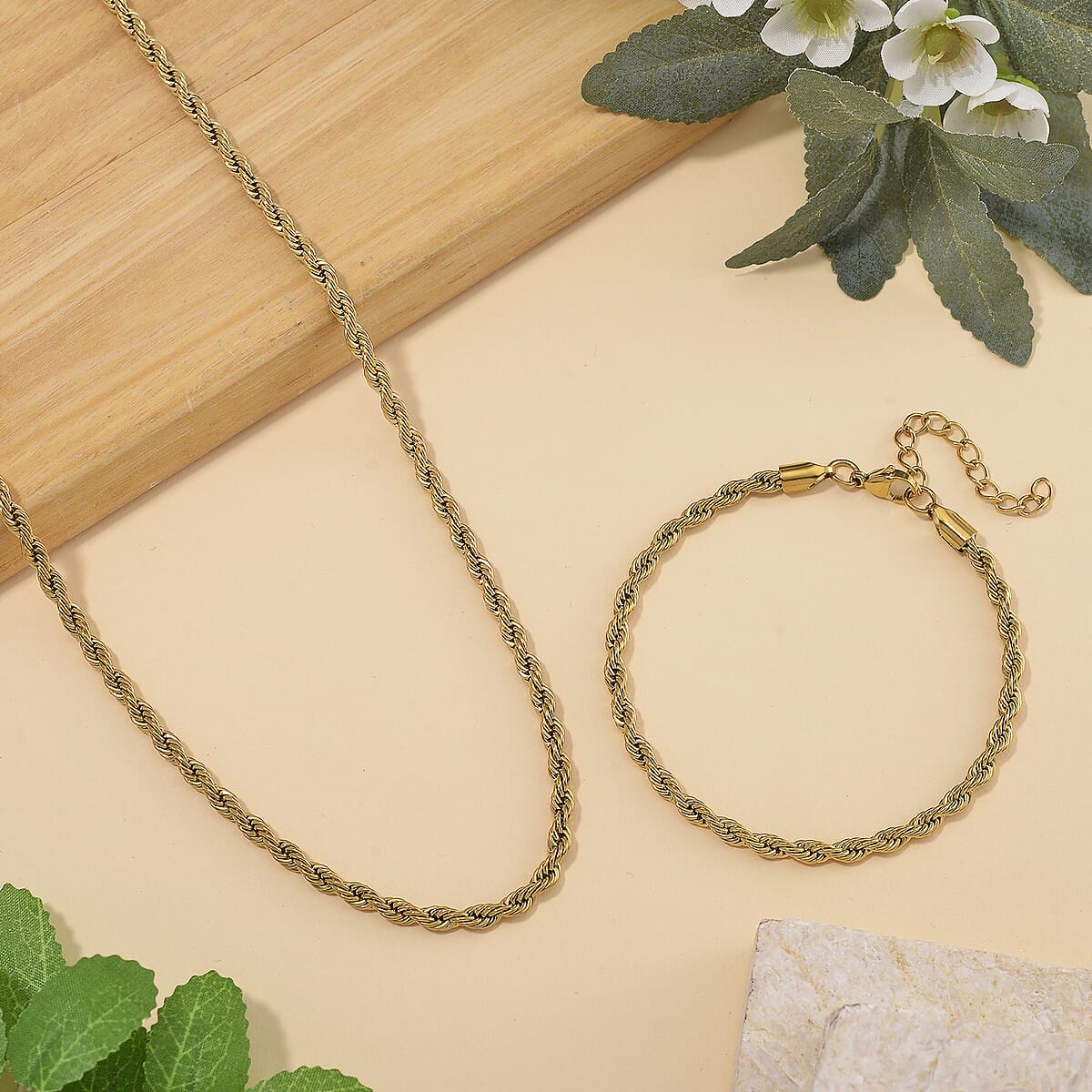 Rope Chain Bracelet (8-10In) and Necklace (24 Inches) in ION Plated YG Stainless Steel image number 1