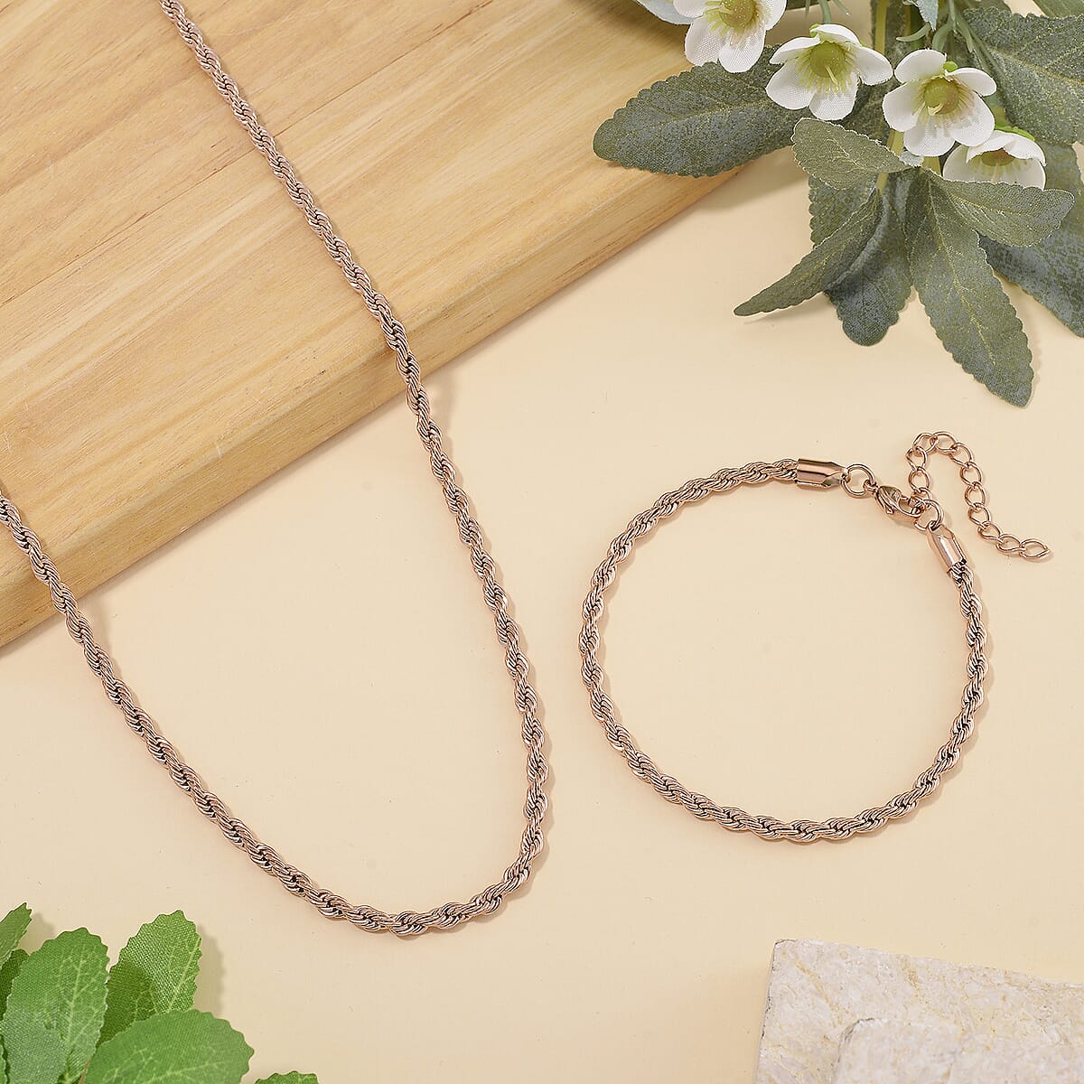Rope Chain Bracelet (8-10In) and Necklace (24 Inches) in ION Plated RG Stainless Steel image number 1