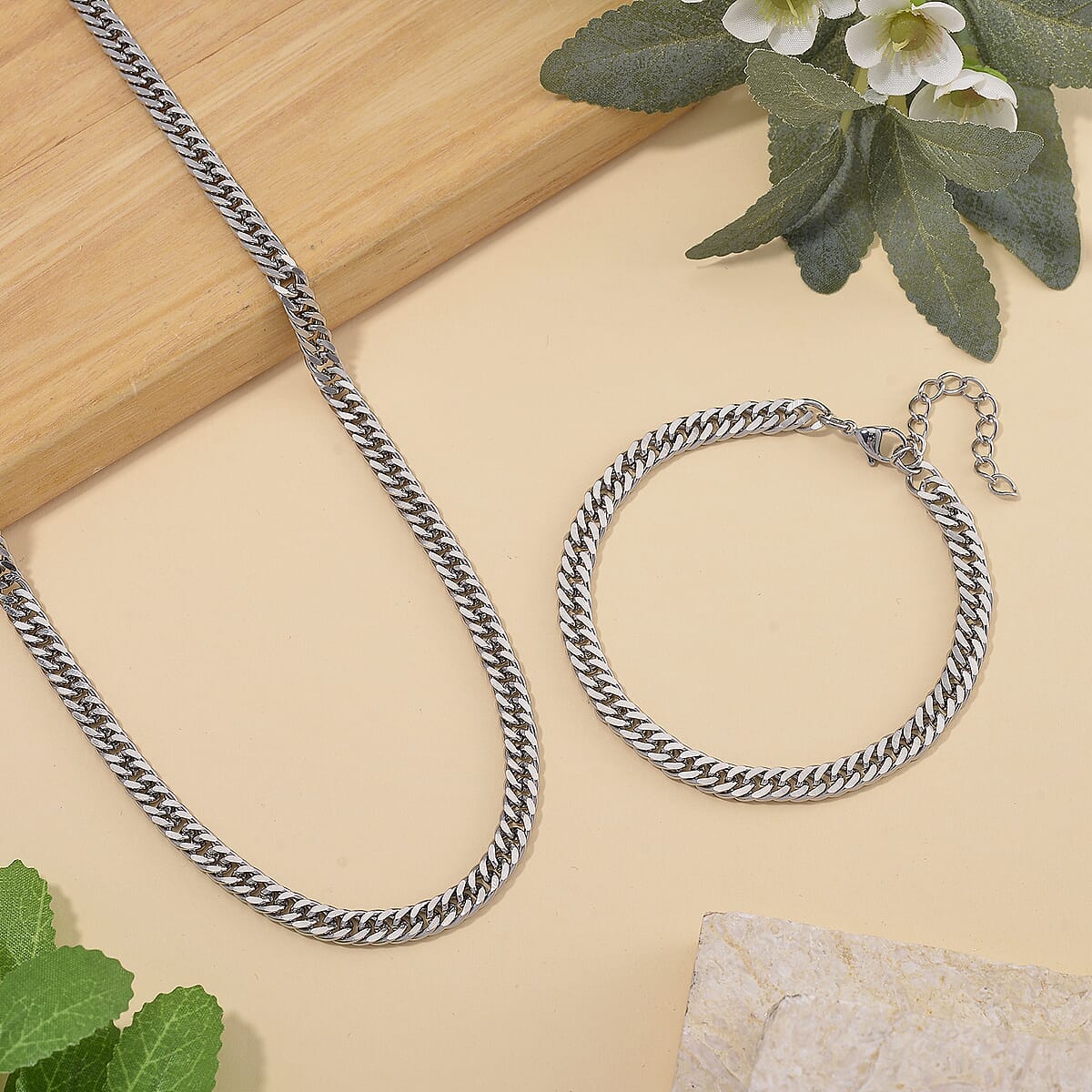 Curb Chain Bracelet (8-10In) and Necklace 24 Inches in Stainless Steel image number 1