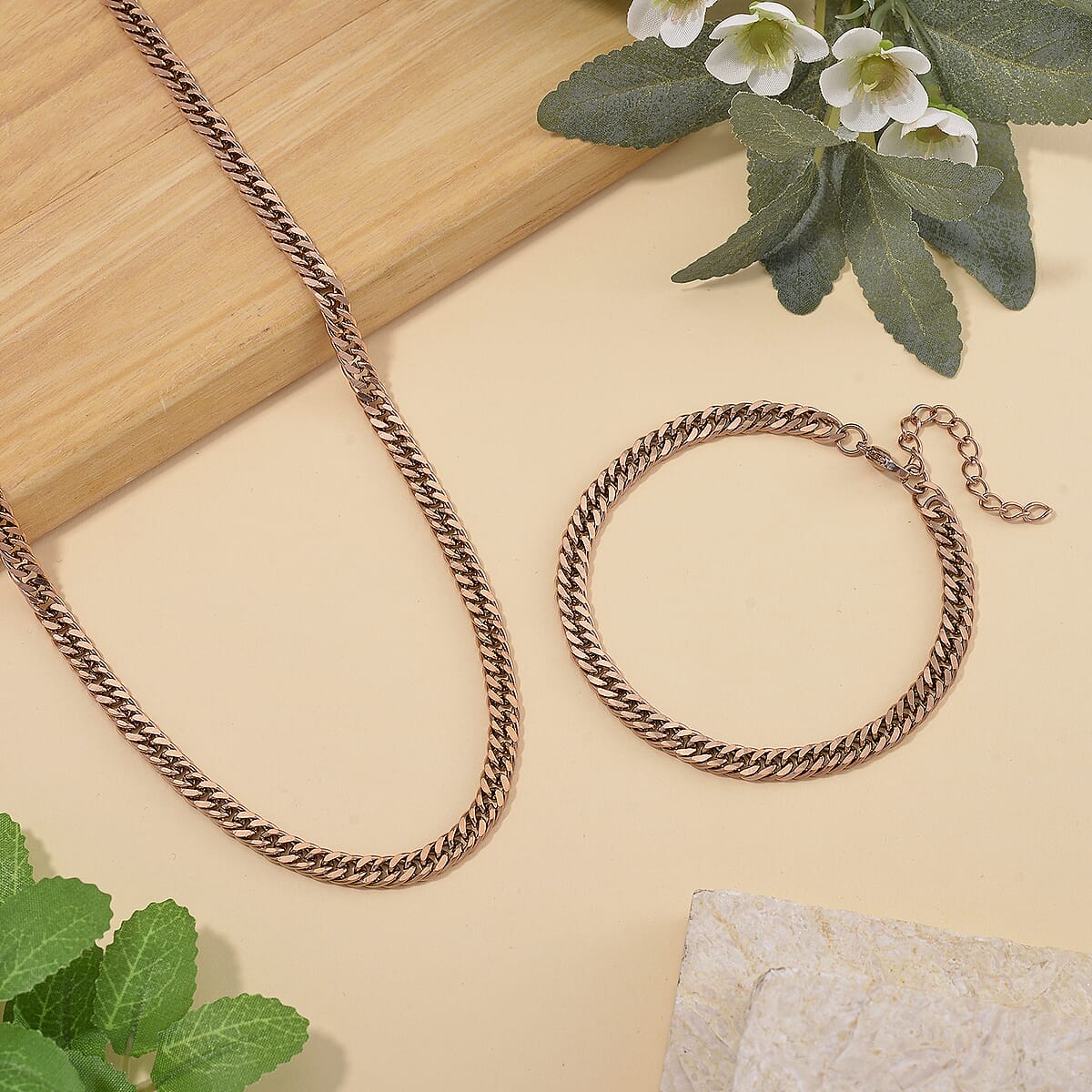 Curb Chain Bracelet (8-10In) and Necklace (24 Inches) in ION Plated RG Stainless Steel image number 1