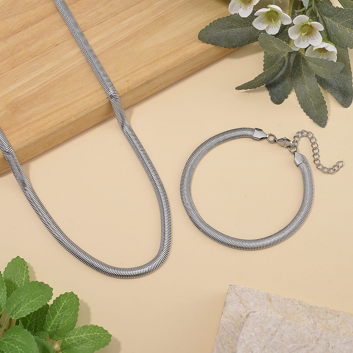 Herringbone Chain Bracelet (8-10In) and Necklace (24 Inches) in Stainless Steel image number 1