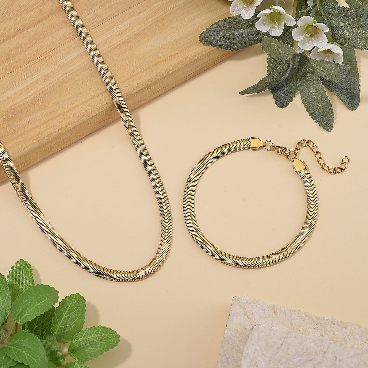 Herringbone Chain Bracelet (8-10In) and Necklace (24 Inches) in ION Plated YG Stainless Steel image number 1