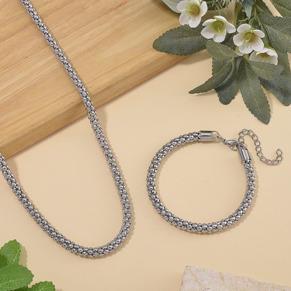 Popcorn Chain Bracelet (8-10In) and Necklace (24 Inches) in Stainless Steel image number 1