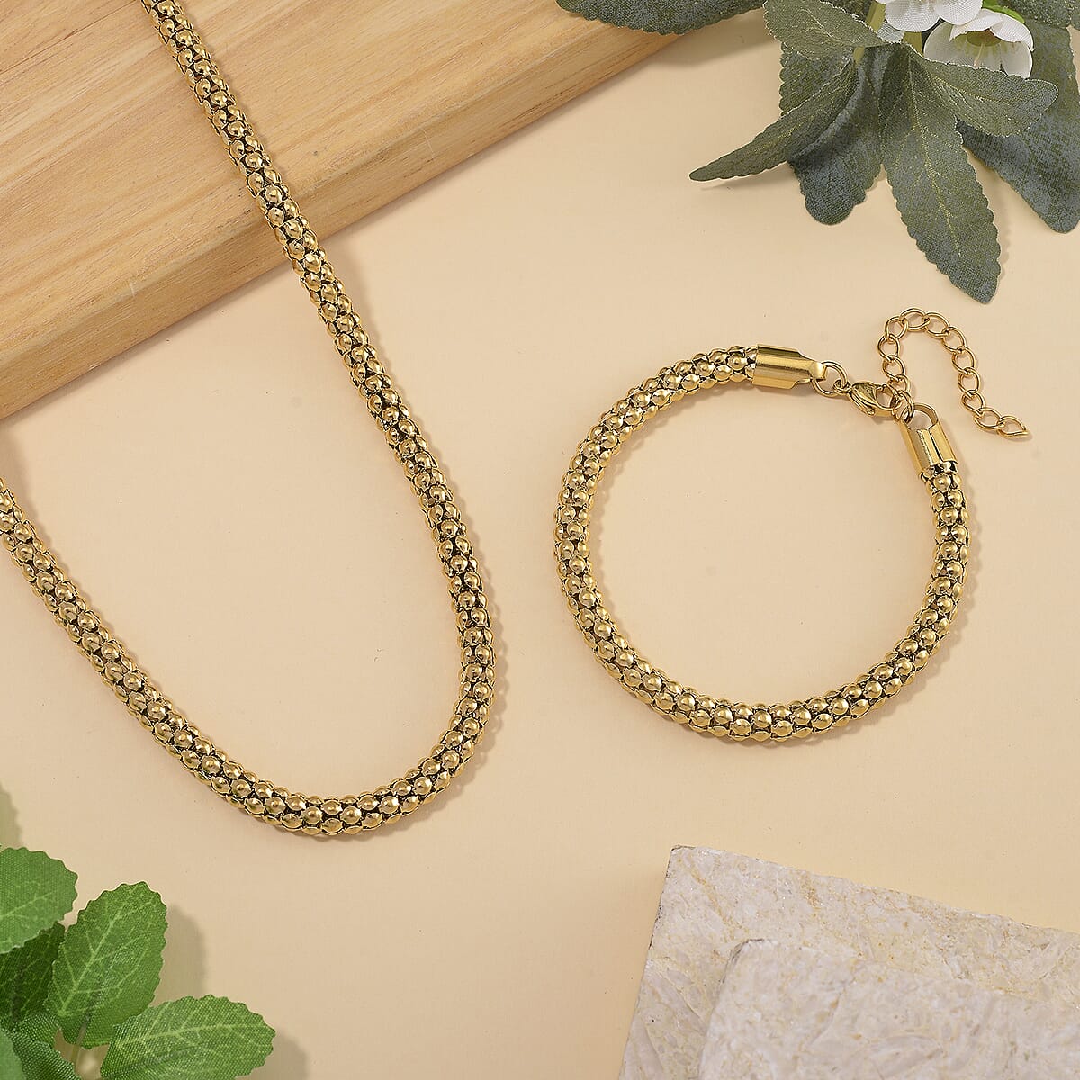 Popcorn Chain Bracelet (8-10In) and Necklace (24 Inches) in ION Plated YG Stainless Steel image number 1