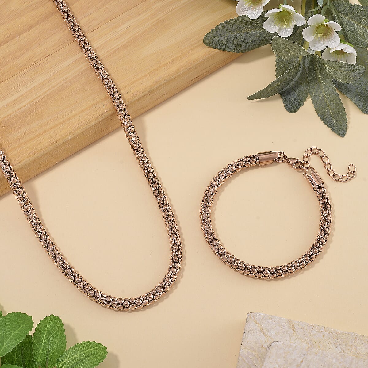 Popcorn Chain Bracelet (8-10In) and Necklace (24 Inches) in ION Plated RG Stainless Steel image number 1
