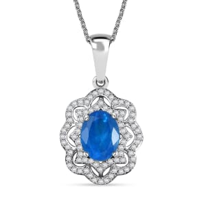 Malgache Neon Apatite and White Zircon 2.60 ctw Ocean Bloom Pendant Necklace in Rhodium Over Sterling Silver 20 Inches
