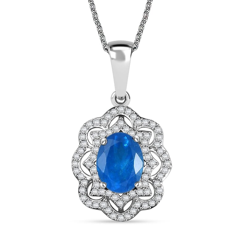 Malgache Neon Apatite and White Zircon 2.60 ctw Ocean Bloom Pendant Necklace in Rhodium Over Sterling Silver 20 Inches