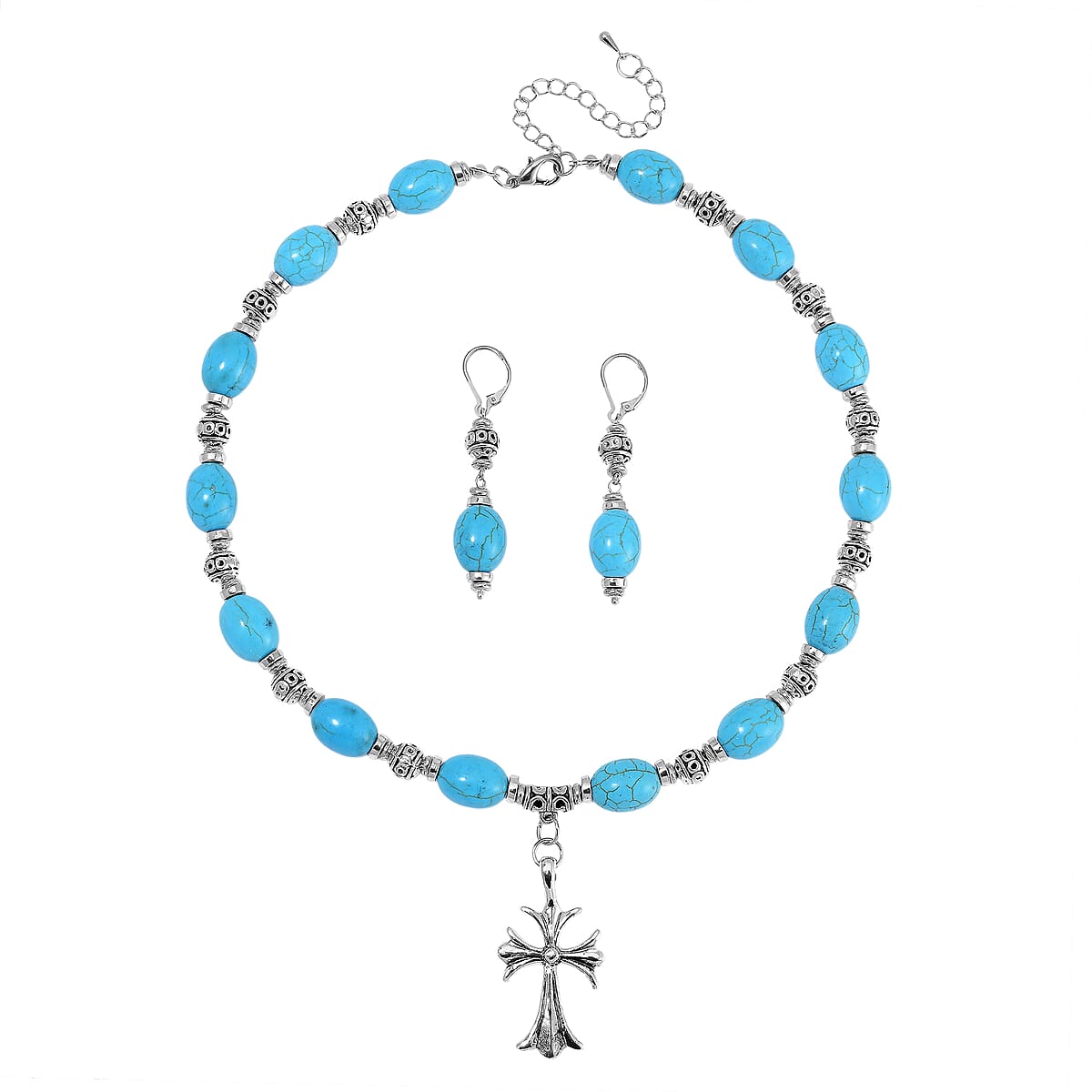 Constituted Blue Howlite Necklace (18-20 Inches) and Earrings in Silvertone and Stainless Steel 200.00 ctw image number 0