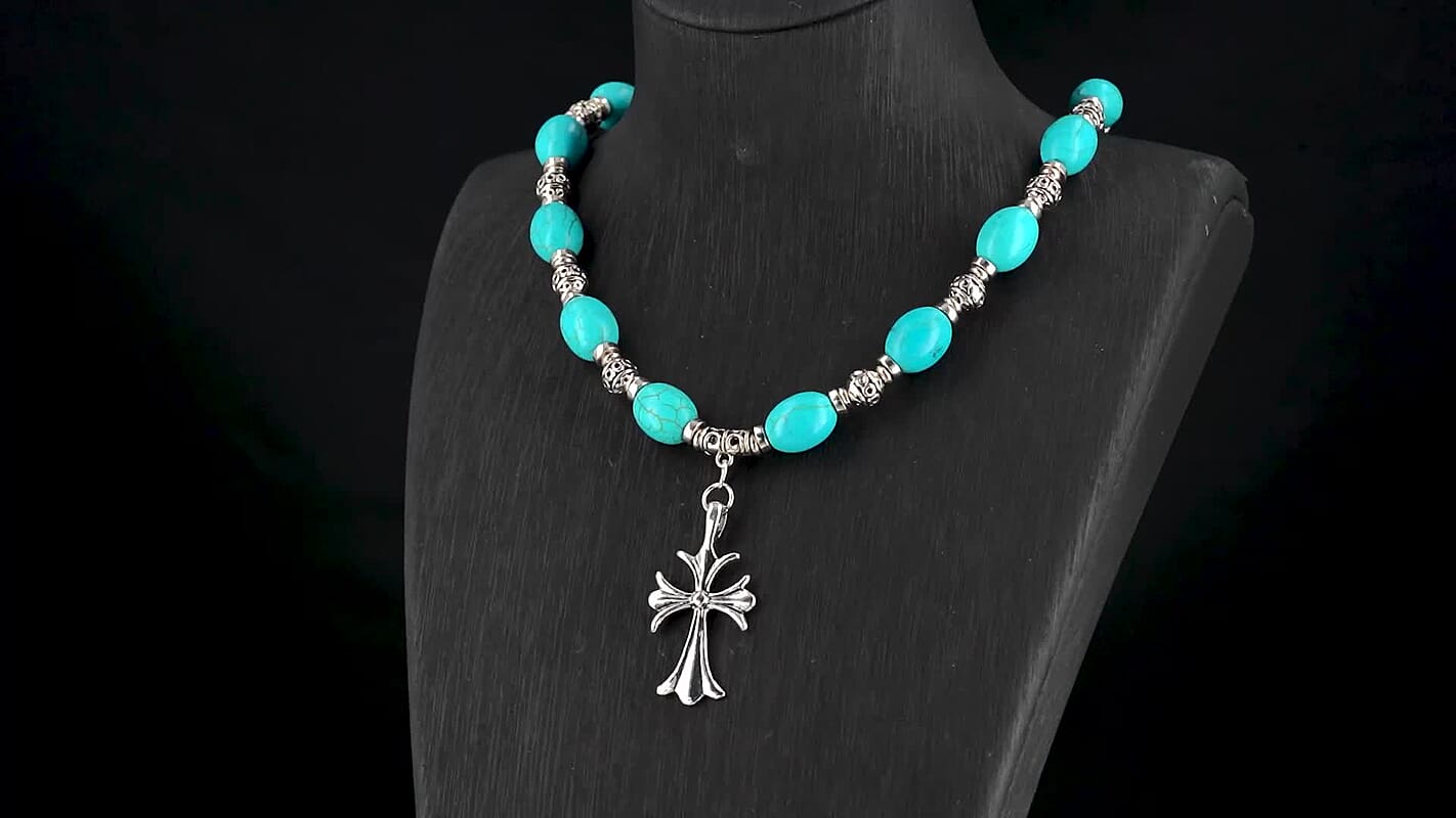 Constituted Blue Howlite Necklace (18-20 Inches) and Earrings in Silvertone and Stainless Steel 200.00 ctw