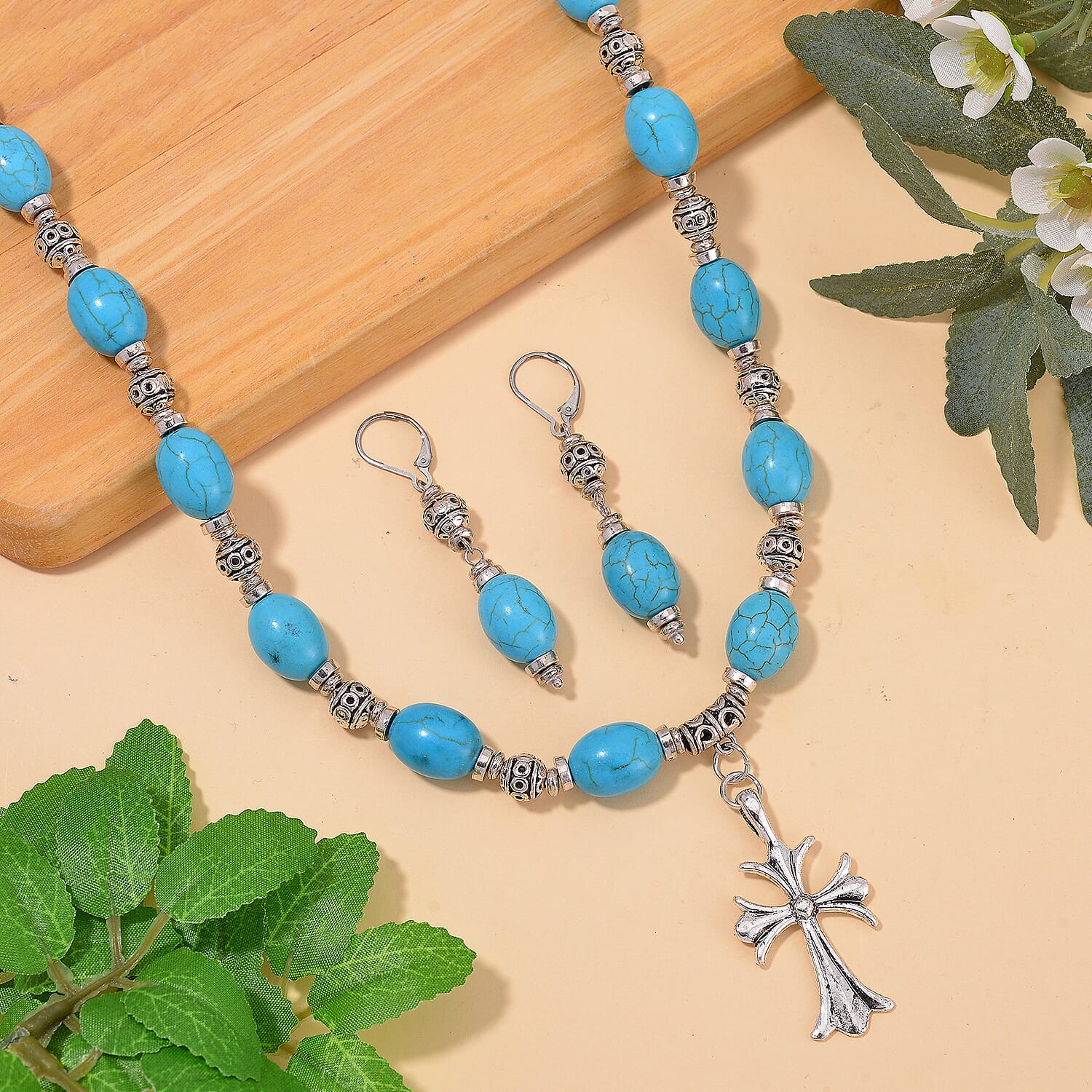 Constituted Blue Howlite 200.00 ctw Necklace 18-20 Inches and Earrings in Silvertone and Stainless Steel