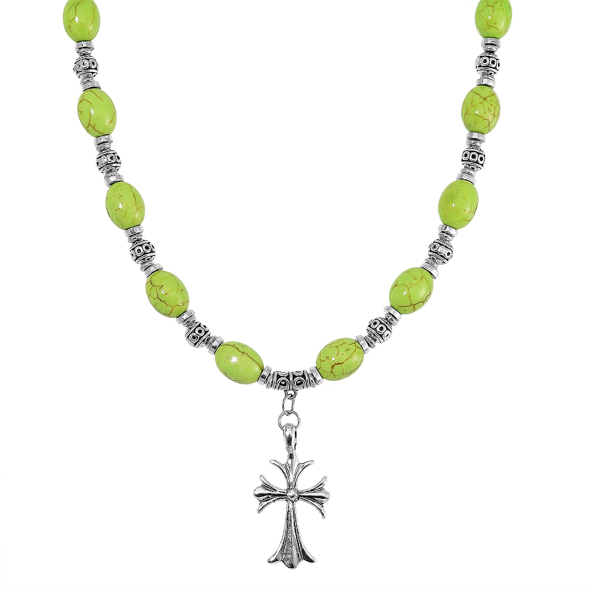 Constituted Green Howlite 200.00 ctw Necklace 18-20 Inches and Earrings in Silvertone and Stainless Steel image number 2