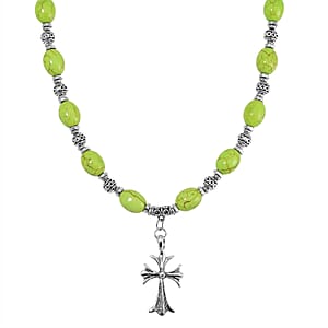 Constituted Green Howlite 200.00 ctw Necklace 18-20 Inches and Earrings in Silvertone and Stainless Steel