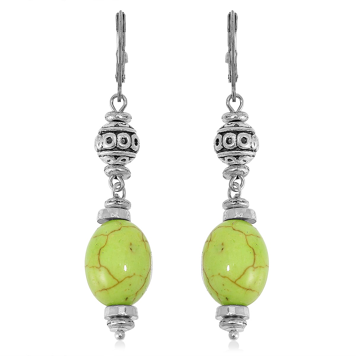 Constituted Green Howlite 200.00 ctw Necklace 18-20 Inches and Earrings in Silvertone and Stainless Steel image number 4