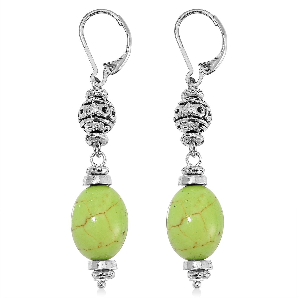 Constituted Green Howlite 200.00 ctw Necklace 18-20 Inches and Earrings in Silvertone and Stainless Steel image number 5