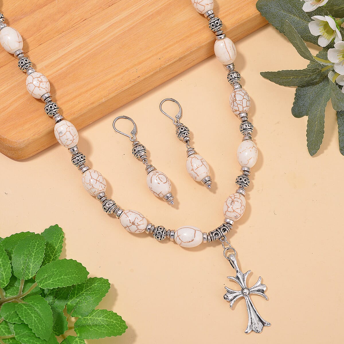 Constituted White Howlite 200.00 ctw Necklace 18-20 Inches and Earrings in Silvertone and Stainless Steel image number 1