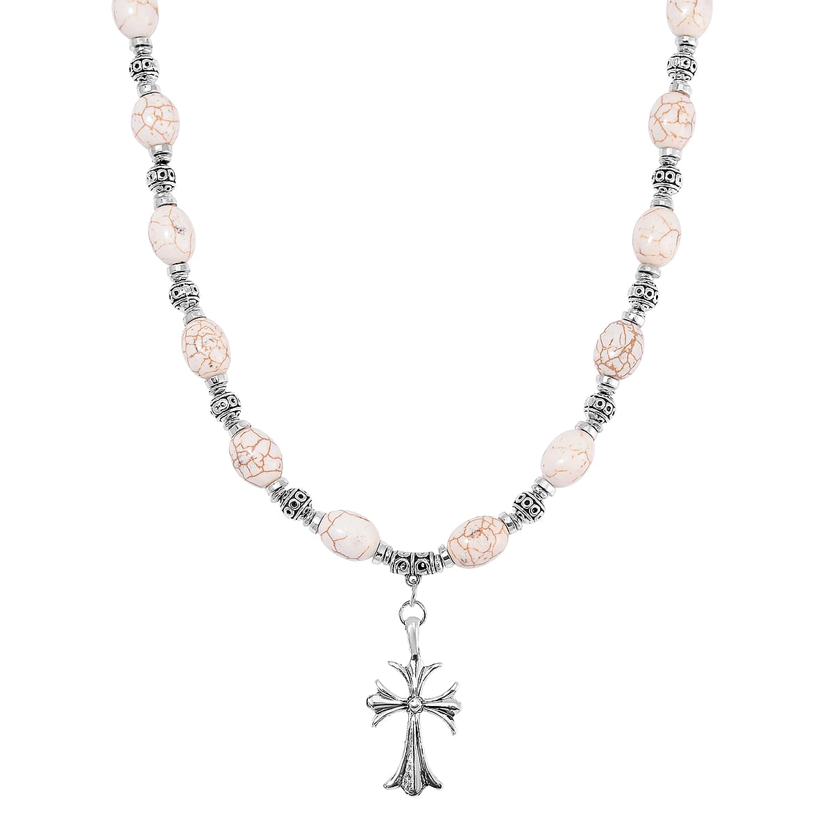 Constituted White Howlite 200.00 ctw Necklace 18-20 Inches and Earrings in Silvertone and Stainless Steel image number 2