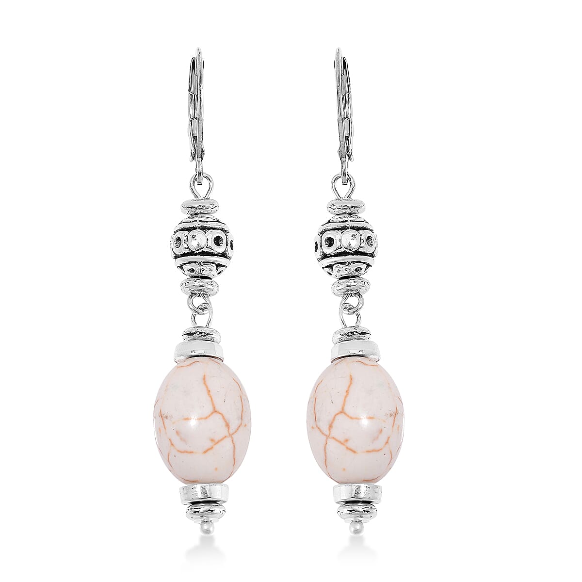 Constituted White Howlite 200.00 ctw Necklace 18-20 Inches and Earrings in Silvertone and Stainless Steel image number 4