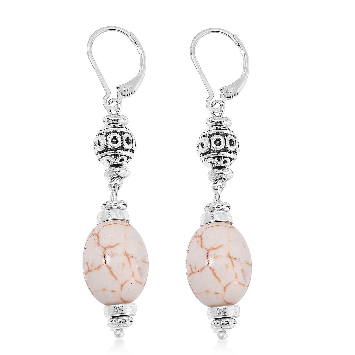 Constituted White Howlite 200.00 ctw Necklace 18-20 Inches and Earrings in Silvertone and Stainless Steel image number 5