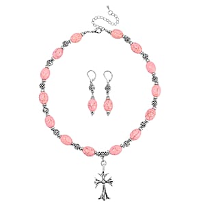 Constituted Almandine 200.00 ctw Necklace 18-20 Inches and Earrings in Silvertone and Stainless Steel