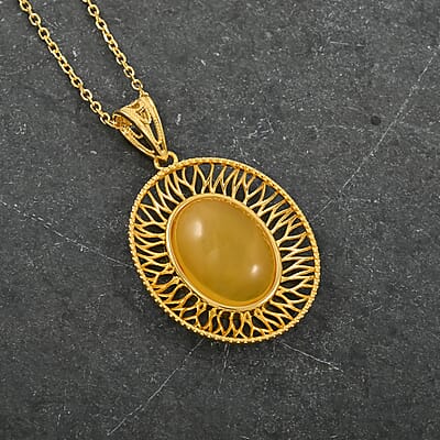 Butterscotch Amber Oval Pendant Necklace in 14K Yellow Gold Over Sterling Silver 16 Inches