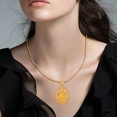 Butterscotch Amber Oval Pendant Necklace in 14K Yellow Gold Over Sterling Silver 16 Inches