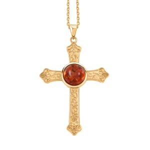 Baltic Amber Cross Pendant Necklace in 14K YG Over Sterling Silver 16 Inches