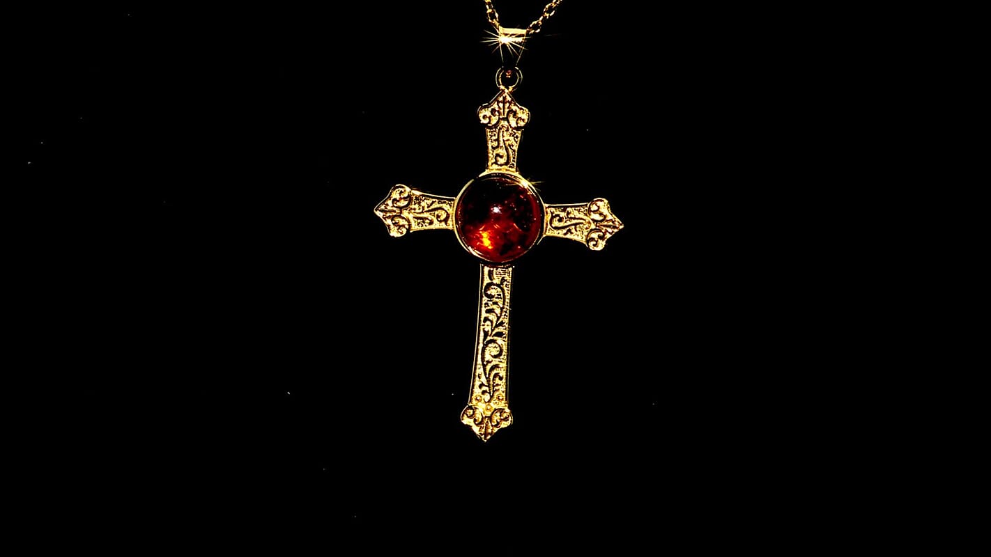 Baltic Amber Cross Pendant Necklace in 14K YG Over Sterling Silver 16 Inches