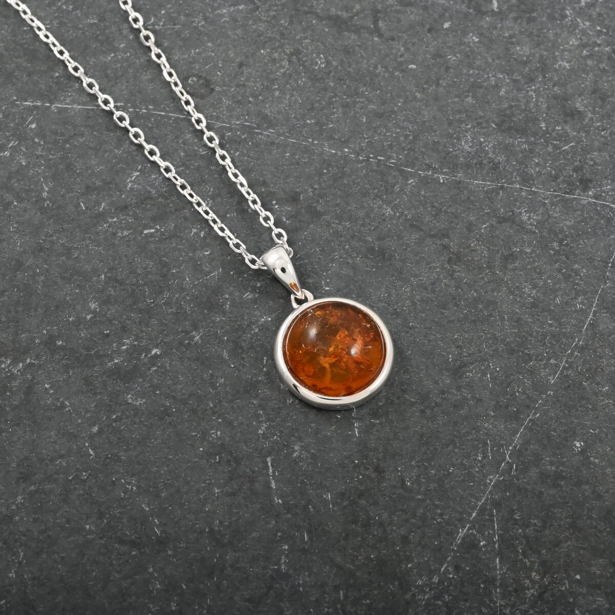 Blatic Amber Round Pendant Necklace in Sterling Silver 16 Inches image number 1