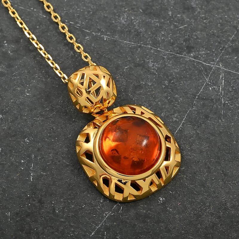 Baltic Amber Round Pendat Necklace in 14K Yellow Gold Over Sterling Silver 16 Inches