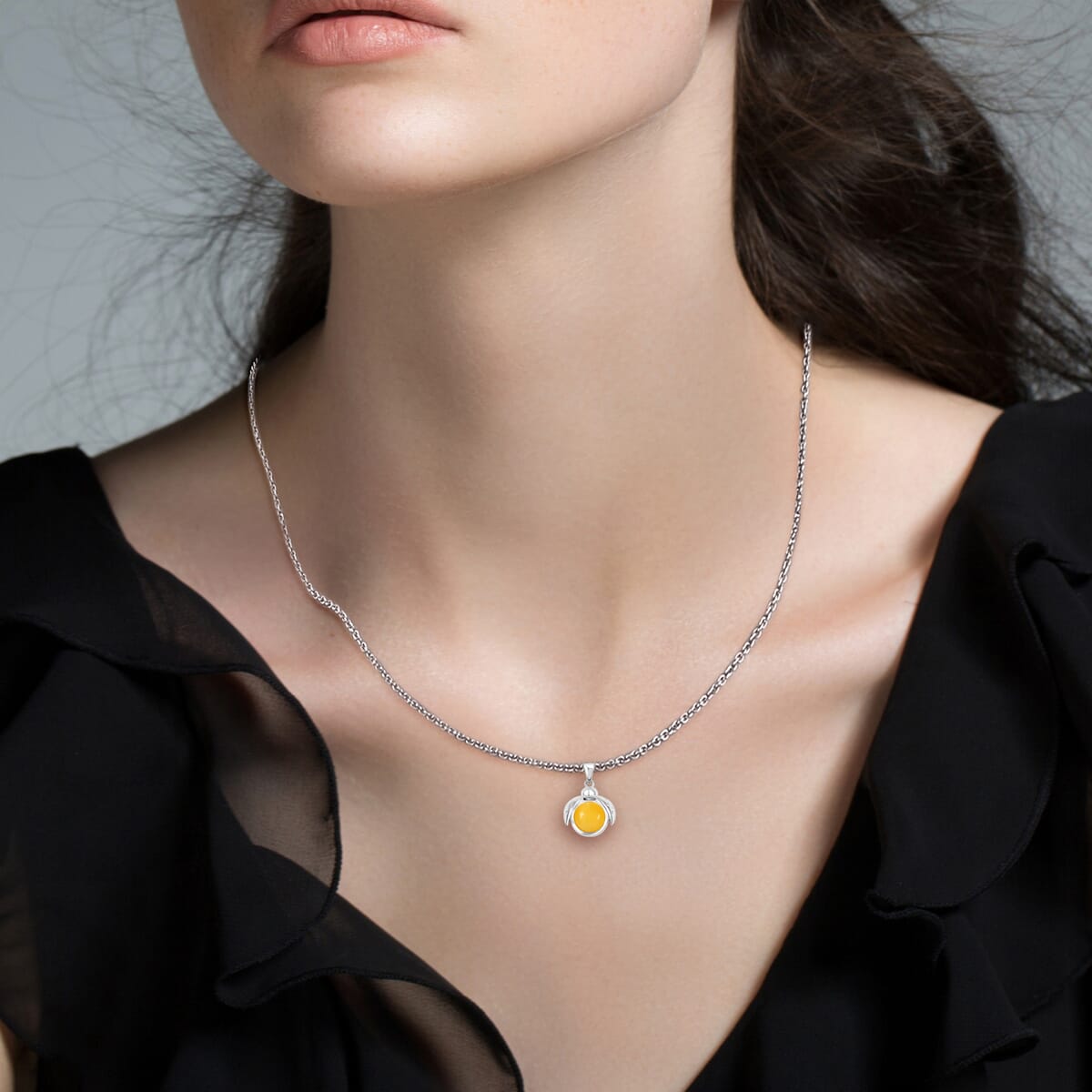 Butterscotch Amber Round Pendant Necklace in Sterling Silver 16 Inches image number 2