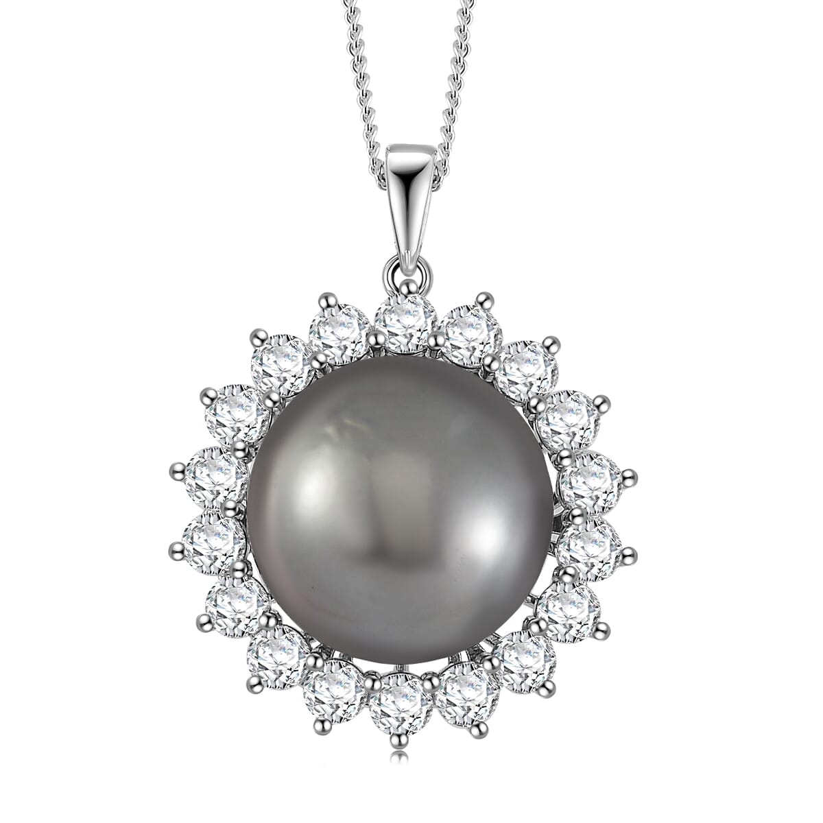 Tahitian Cultured Pearl and Moissanite 1.90 ctw Sunburst Pendant Necklace in Rhodium Over Sterling Silver 18 Inches image number 0