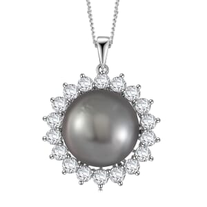 Tahitian Cultured Pearl and Moissanite 1.90 ctw Sunburst Pendant Necklace in Rhodium Over Sterling Silver 18 Inches