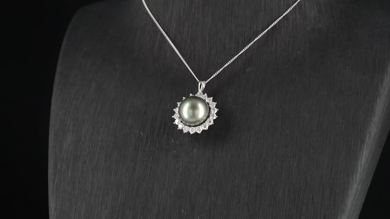Tahitian Cultured Pearl and Moissanite 1.90 ctw Sunburst Pendant Necklace in Rhodium Over Sterling Silver 18 Inches