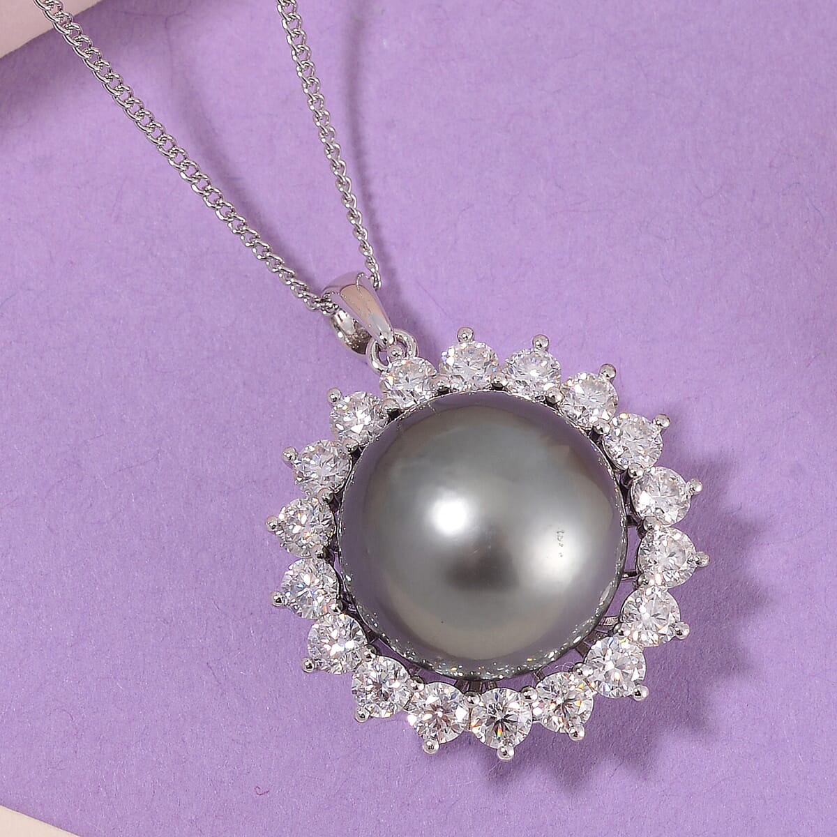 Tahitian Cultured Pearl and Moissanite 1.90 ctw Sunburst Pendant Necklace in Rhodium Over Sterling Silver 18 Inches image number 1