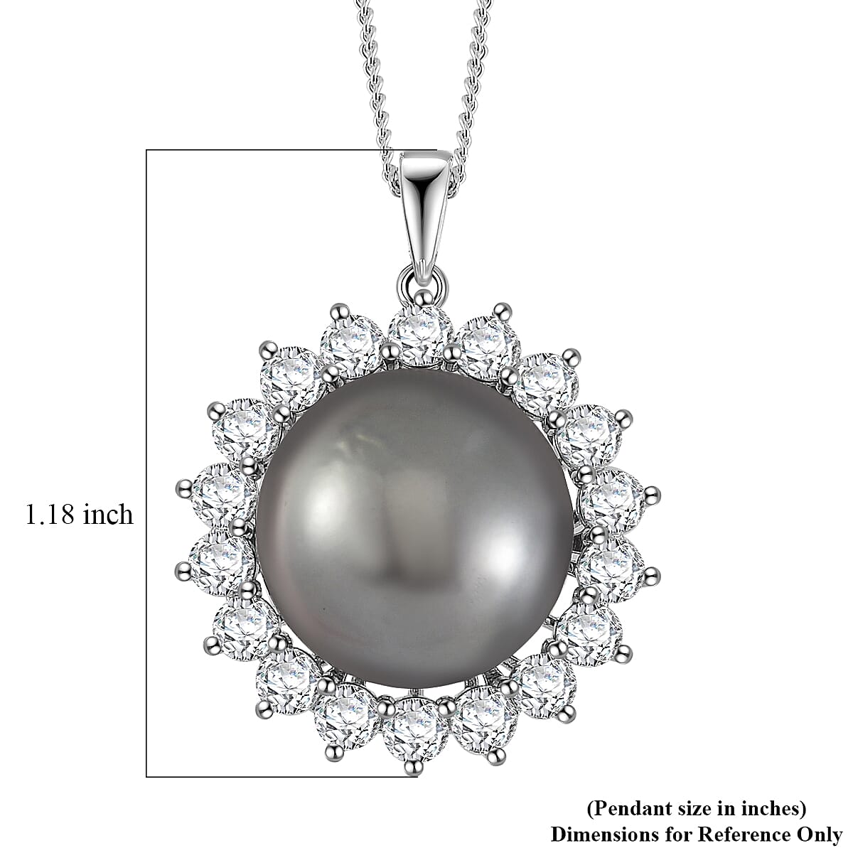 Tahitian Cultured Pearl and Moissanite 1.90 ctw Sunburst Pendant Necklace in Rhodium Over Sterling Silver 18 Inches