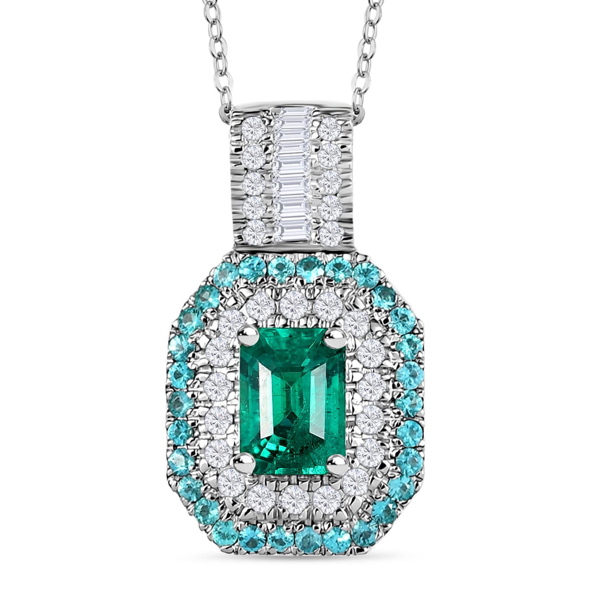 Certified & Appraised Rhapsody AAAA Kagem Zambian Emerald, Paraiba Tourmaline and E-F VS2 Diamond 1.75 ctw Pendant Necklace in 950 Platinum 20 Inches 7.15 Grams image number 0