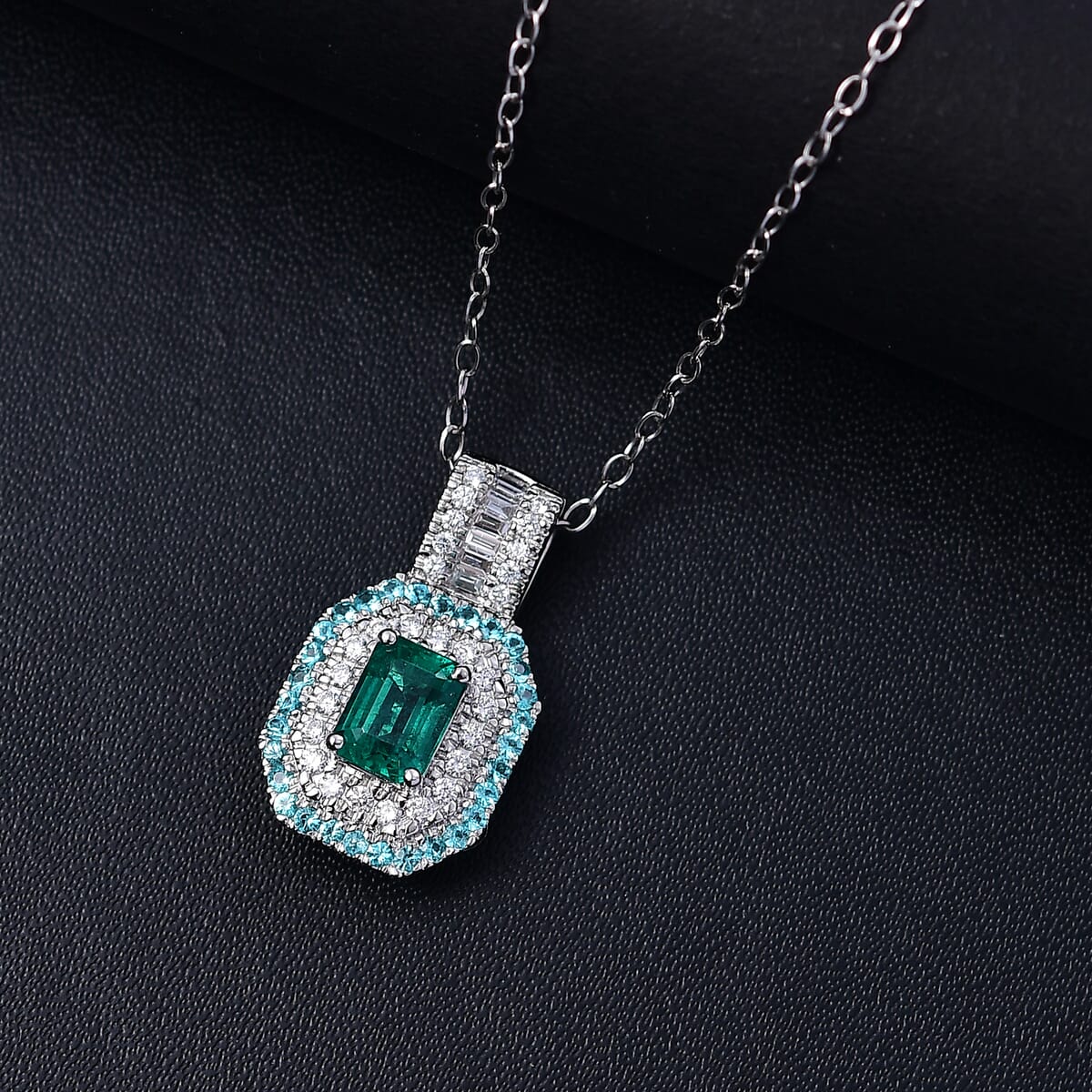 Certified & Appraised Rhapsody AAAA Kagem Zambian Emerald, Paraiba Tourmaline and E-F VS2 Diamond 1.75 ctw Pendant Necklace in 950 Platinum 20 Inches 7.15 Grams image number 1