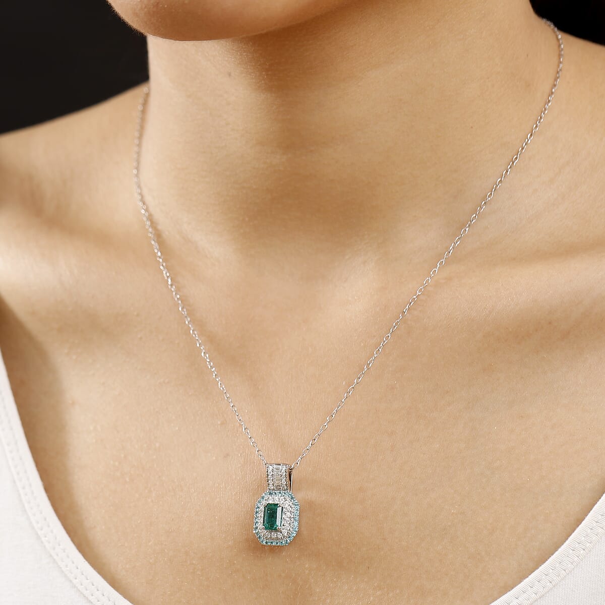 Certified & Appraised Rhapsody AAAA Kagem Zambian Emerald, Paraiba Tourmaline and E-F VS2 Diamond 1.75 ctw Pendant Necklace in 950 Platinum 20 Inches 7.15 Grams image number 2