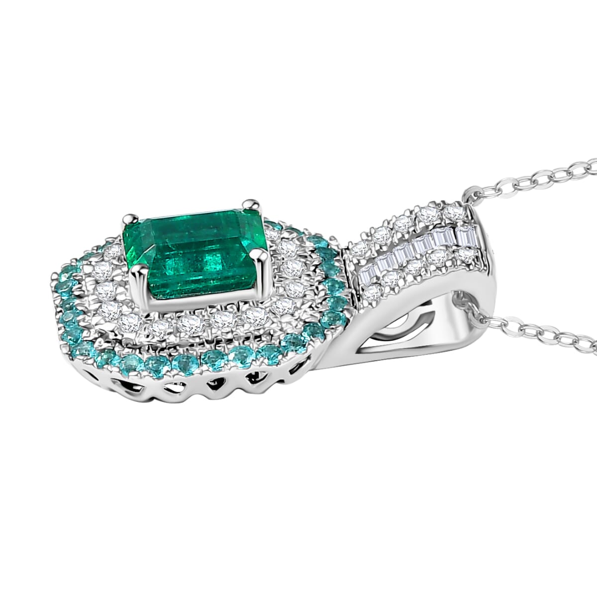Certified & Appraised Rhapsody AAAA Kagem Zambian Emerald, Paraiba Tourmaline and E-F VS2 Diamond 1.75 ctw Pendant Necklace in 950 Platinum 20 Inches 7.15 Grams image number 3