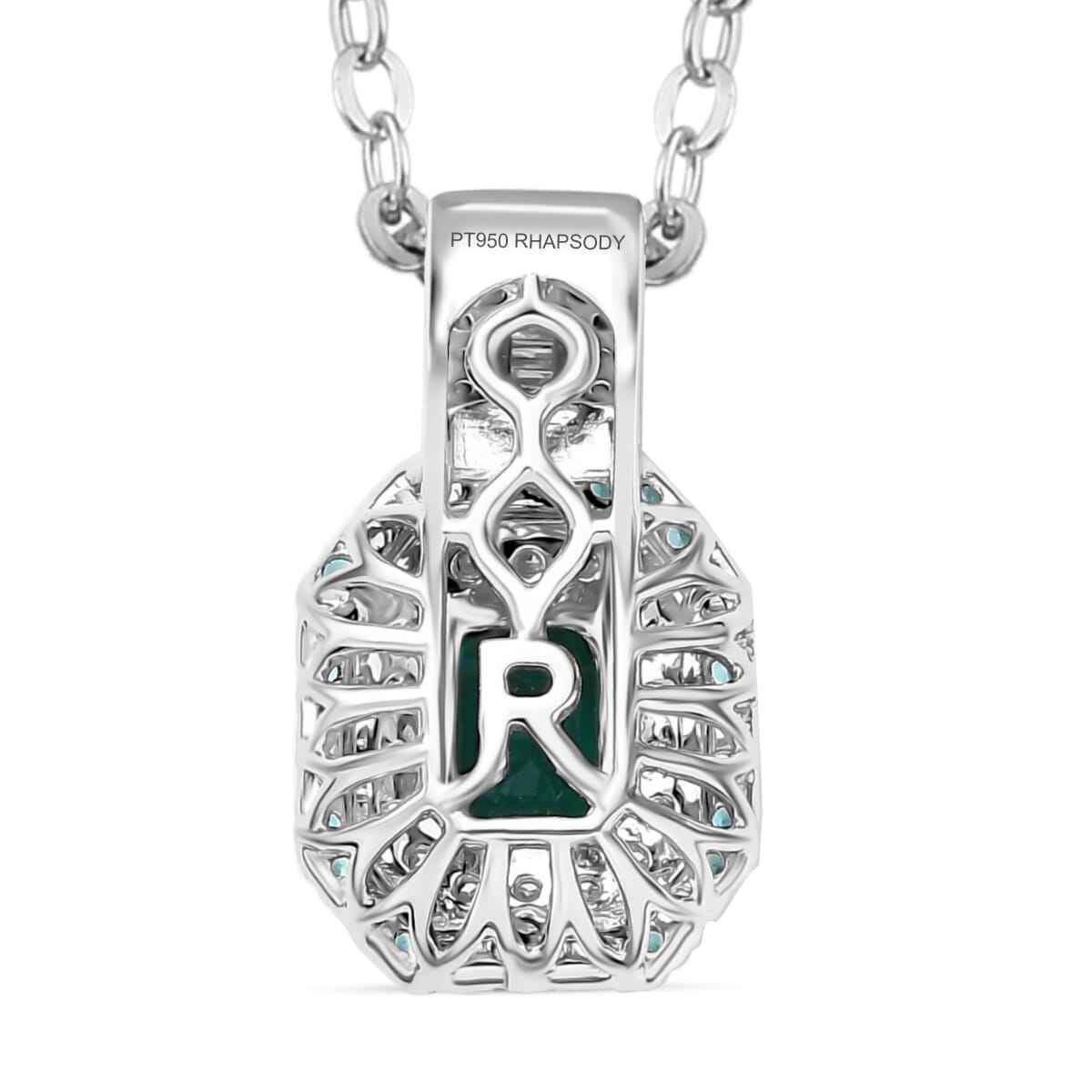 Certified & Appraised Rhapsody AAAA Kagem Zambian Emerald, Paraiba Tourmaline and E-F VS2 Diamond 1.75 ctw Pendant Necklace in 950 Platinum 20 Inches 7.15 Grams image number 4