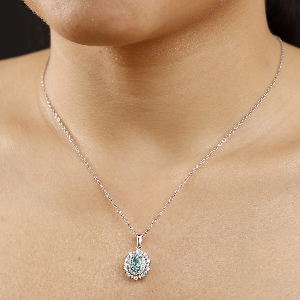 Certified & Appraised Rhapsody AAAA Paraiba Tourmaline and E-F VS2 Diamond 1.50 ctw Pendant Necklace in 950 Platinum 20 Inches 4.50 Grams image number 2