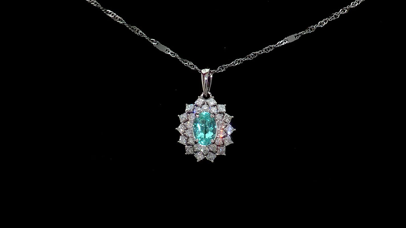 Certified and Appraised Rhapsody AAAA Paraiba Tourmaline, Diamond Pendant Necklace in 950 Platinum  2.00 ctw (20 Inches) with Free Paraiba Book