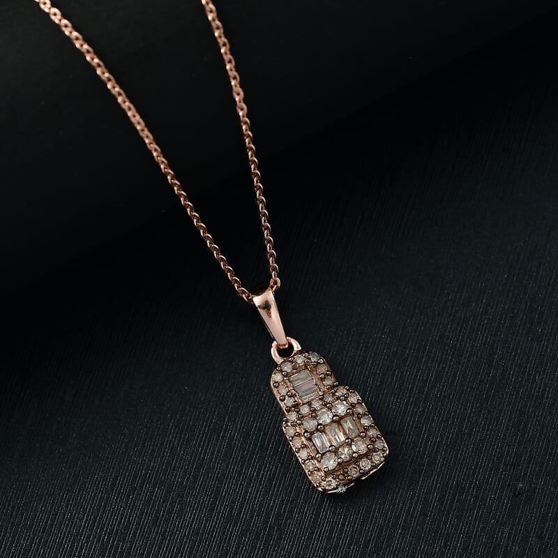 Natural Champagne Diamond 0.50 ctw Art Deco Pendant Necklace in 18K Vermeil Rose Gold Over Sterling Silver 20 Inches