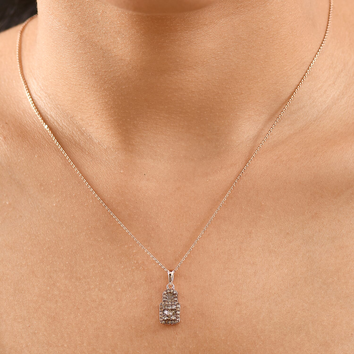 Natural Champagne Diamond 0.50 ctw Art Deco Pendant Necklace in 18K Vermeil Rose Gold Over Sterling Silver 20 Inches