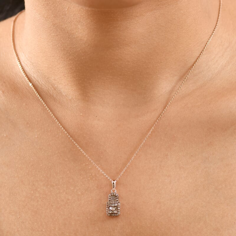 Natural Champagne Diamond 0.50 ctw Art Deco Pendant Necklace in 18K Vermeil Rose Gold Over Sterling Silver 20 Inches