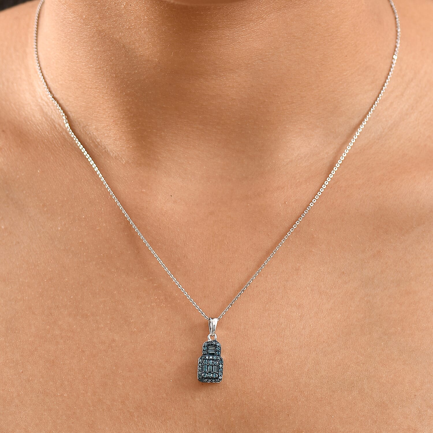 Blue Diamond 0.50 ctw Art Deco Pendant Necklace in Rhodium Over Sterling Silver 20 Inches