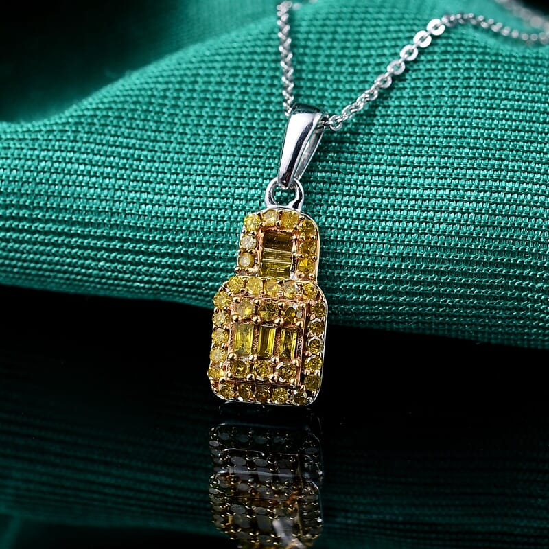 Yellow Diamond 0.50 ctw Art Deco Pendant Necklace in Rhodium Over Sterling Silver 20 Inches
