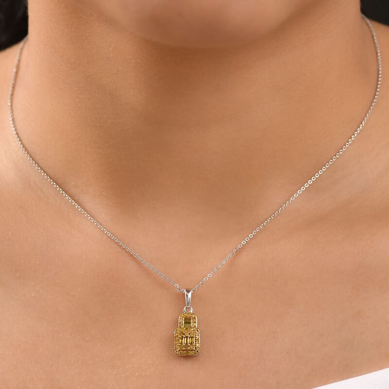 Yellow Diamond 0.50 ctw Art Deco Pendant Necklace in Rhodium Over Sterling Silver 20 Inches